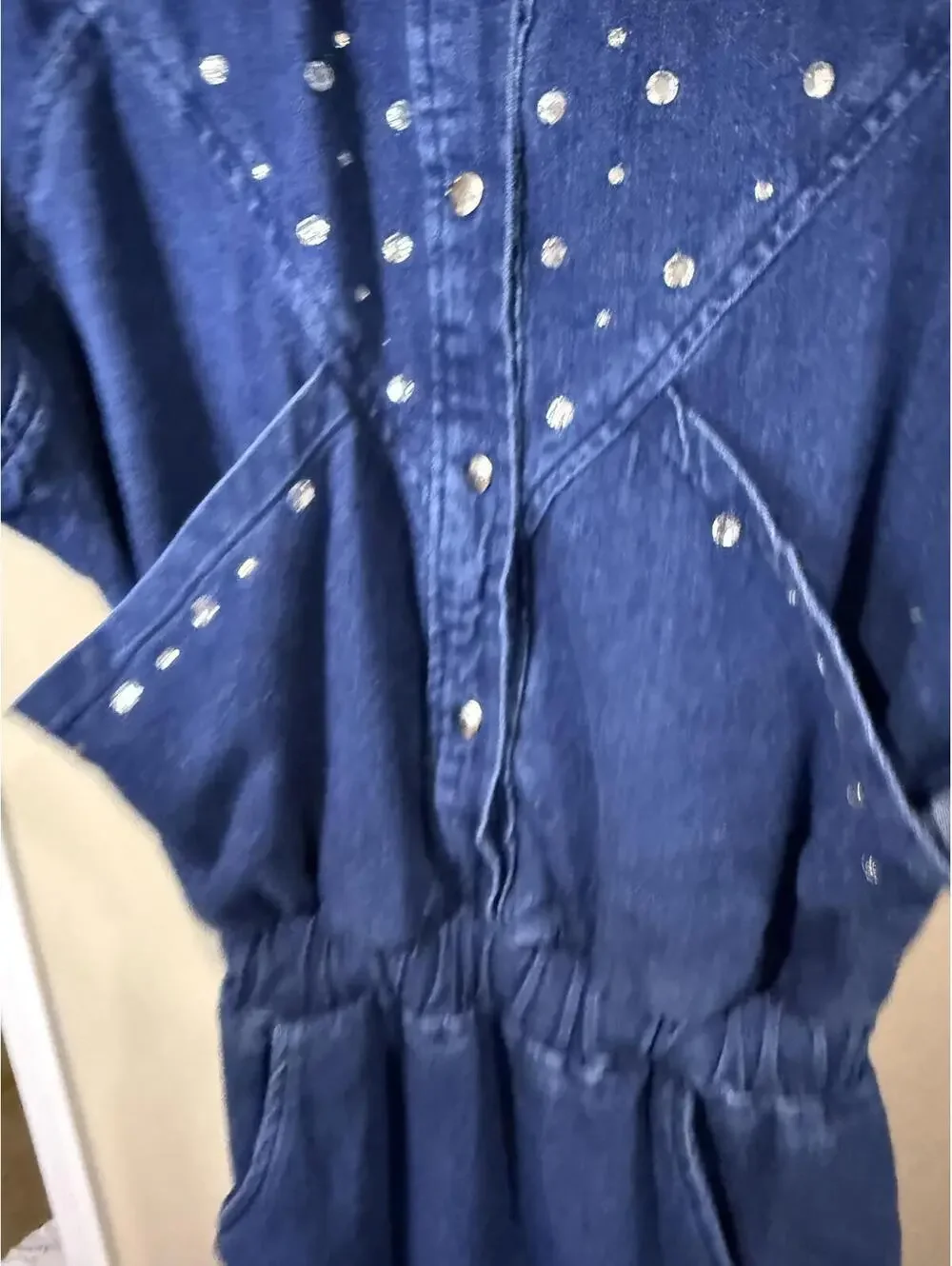 80s 90s Women's Blue Denim Dress with Studded Detail
